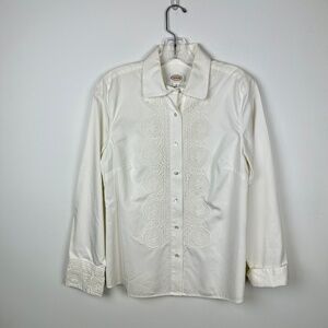 Talbots Cream Crochet Lace Embellished Long Sleeve Button Down Shirt Blouse 8
